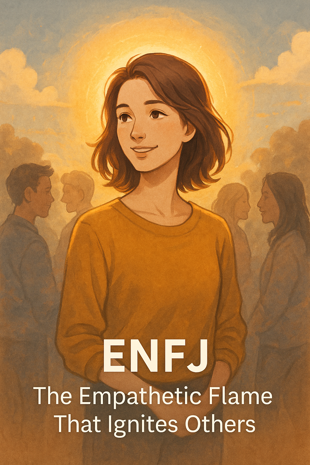 ENFJ personality type illustration female empathetic leader warm golden light social harmony